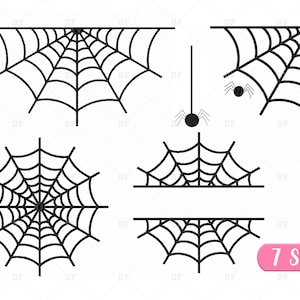 Peut inclure: Un ensemble de sept motifs de toile d'araignée noirs et blancs. Les motifs comprennent une toile d'araignée complète, une demi-toile d'araignée, une toile d'araignée d'angle et une toile d'araignée avec une araignée suspendue.