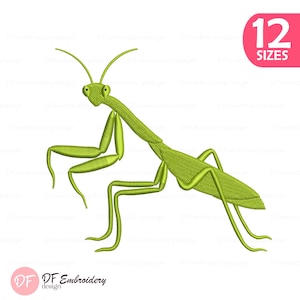 May include: An embroidery design of a bright green praying mantis with long antennae, folded forelegs, and segmented body parts. A pink rectangular badge in the top right corner displays the white text 12 SIZES, and the bottom left features the logo DF Embroidery design.