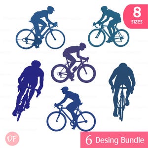 May include: A collection of six blue silhouette designs of cyclists on road bikes. The image includes the text "8 Sizes" and "6 Desing Bundle". The cyclists are in various riding positions.
