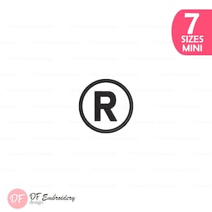 May include: A black embroidered registered trademark symbol featuring the letter R enclosed within a circle. The design is presented as a digital file for embroidery machines, with a pink corner graphic indicating 7 sizes available for this mini design.