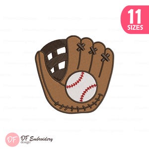 May include: A brown baseball glove with a white baseball featuring red stitching. The glove is detailed with brown stitching and a woven pocket. A pink circle with the text "11 SIZES" is in the upper right corner.