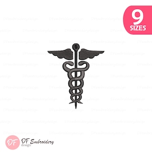 May include: A black Caduceus symbol, a staff with two snakes and wings, is displayed. The image includes the text "9 SIZES" in a pink rectangle. The logo "DF Embroidery design" is at the bottom.