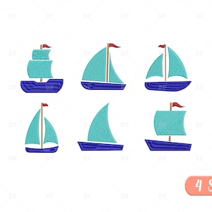 Mini Sailboat Embroidery Designs, Sailboat Embroidery Designs, Boat embroidery designs, nautical machine embroidery, 6 Design 4 Sizes