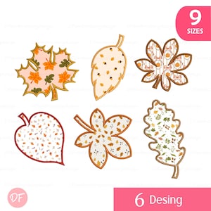 May include: A collection of six leaf designs in various shapes and patterns, perfect for fall-themed crafts. Each leaf features a unique combination of colors, including orange, brown, and cream, with intricate details. The image also includes text that says "9 Sizes" and "6 Desing".