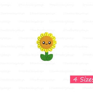 May include: A cheerful, cartoon-style sunflower embroidery design. The flower has yellow petals, a brown center, and a smiling face. The green stem and leaves complete the design. The text "4 Sizes" is in a pink rectangle.