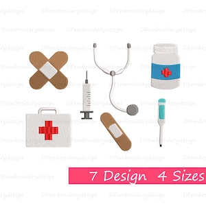 May include: An illustration of medical tools including a bandage, syringe, stethoscope, pill bottle, thermometer, and first aid kit with a red cross. The image also includes the text "7 Design 4 Sizes" in a pink rectangle.