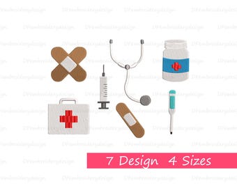 May include: An illustration of medical tools including a bandage, syringe, stethoscope, pill bottle, thermometer, and first aid kit with a red cross. The image also includes the text "7 Design 4 Sizes" in a pink rectangle.