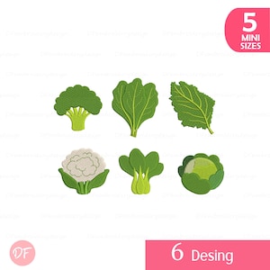 May include: A set of six machine embroidery designs featuring various green vegetables including broccoli, spinach, kale, cauliflower, bok choy, and cabbage. The image includes a pink corner tag with the text 5 MINI SIZES and 6 Desing.