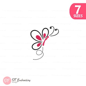 May include: A black and red butterfly design with a dotted trail. The butterfly has red accents on its wings and body. The image also includes the text "7 SIZES" in a pink rounded rectangle and the logo "DF Embroidery design".