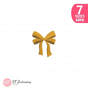 May include: A golden yellow embroidered bow design with two loops and two hanging tails. In the top right corner, a pink rounded rectangle contains the white text 7 SIZES MINI. The bottom left corner features the text DF Embroidery design.