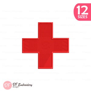 Könnte beinhalten: Ein rotes Kreuz-Design mit strukturierter Optik. Das Bild enthält den Text "12 SIZES" in einem rosa Oval. Das Logo "DF Embroidery design" befindet sich in der unteren linken Ecke.