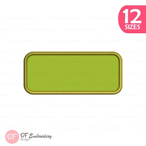 May include: A rectangular embroidery design with a light green fill and a gold border. The design has rounded corners and a textured appearance. A pink circle with the text "12 SIZES" is in the upper right corner. The design is for embroidery.