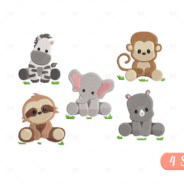 Mini Safari Tiere Stickmuster, Dschungel Tiere Stickmuster, Safari Tiere Stickerei, Tiere Stickerei, 5 Designs, 4 Größen