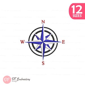 May include: A compass rose design with blue and white accents, featuring the cardinal directions N, E, S, and W in red. The design is encircled by a black ring, with the text "12 SIZES" in a pink oval.