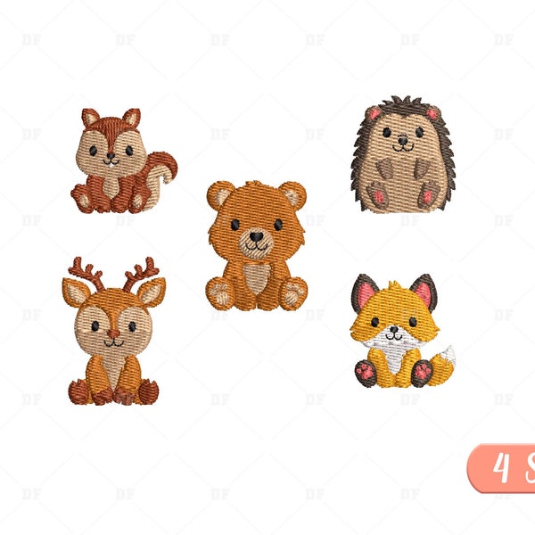 Mini Waldtiere Stickdateien, Safari Tiere Stickerei, Tiere Stickerei, 5 Designs, 4 Größen