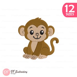 Puede incluir: Un mono de dibujos animados marrón con una cara sonriente, sentado con la cola enroscada. La imagen incluye el texto "12 SIZES" en un círculo rosa y el logotipo "DF Embroidery design".