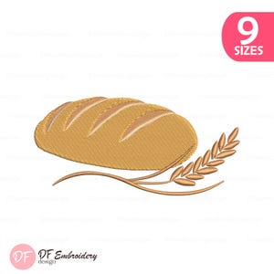 Puede incluir: Un diseño de bordado que muestra una hogaza de pan de color marrón dorado con tres marcas diagonales, acompañada de un tallo de trigo curvado con varios granos. Una etiqueta rosa en la esquina superior derecha muestra el texto 9 SIZES.