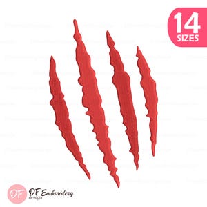 May include: Red claw marks embroidery design with the text "14 SIZES" in a pink rounded rectangle. The design also includes the text "DF Embroidery design" in a white font.