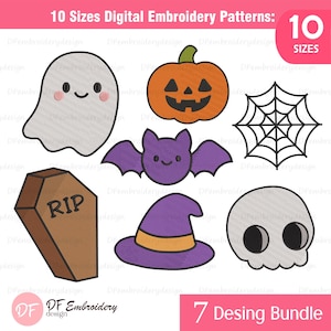 Cute Halloween Pack Embroidery Design, Mini Ghost & Spooky Elements Machine Embroidery for Kids, 7 design, 10 Sizes