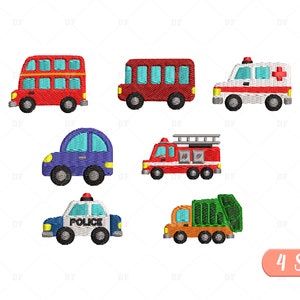 Puede incluir: Conjunto de ocho diseños de vehículos bordados, que incluyen un autobús de dos pisos rojo, un autobús escolar rojo, una ambulancia blanca con una cruz roja, un coche azul, un camión de bomberos rojo, un coche de policía blanco con la palabra "POLICE" en el lateral, un camión de basura verde y un camión de volteo naranja.