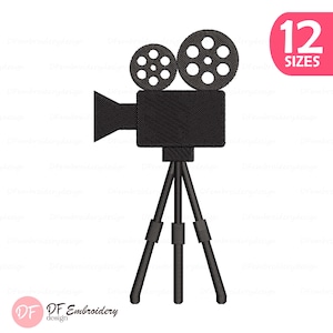 May include: Black vintage film camera with two film reels, mounted on a tripod. The image includes the text "12 SIZES" in a pink oval. The logo "DF Embroidery design" is in the bottom left corner.