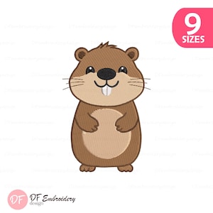 May include: A cartoon-style embroidered design of a brown beaver with a light brown belly. The beaver has a black nose, white teeth, and whiskers. A pink square with the text "9 SIZES" is in the upper right corner.