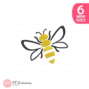 May include: An embroidered bee design in yellow and black. The bee features a yellow body with white stripes and black outlines. The image includes the text "6 MINI SIZES" in a pink circle.