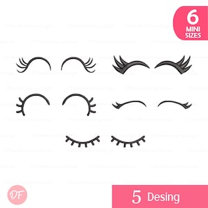 May include: A selection of black eyelash designs in different styles. The image features a pink rectangle with the text "6 MINI SIZES" and a pink rectangle with the text "5 Desing".