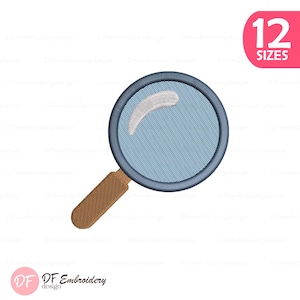 May include: An embroidered magnifying glass with a blue lens and a brown handle. The design includes a white curved shape within the lens. The image also includes the text "12 SIZES" in a pink box.