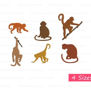 Puede incluir: Cinco diseños de bordado diferentes de monos en varias poses. Los monos son marrones, naranjas y amarillos. Los diseños son perfectos para crear proyectos únicos y divertidos.