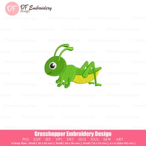 May include: Green grasshopper embroidery design. The design features a cartoon grasshopper with a green body and yellow underbelly. The text "Grasshopper Embroidery Design" is at the bottom, along with size details.