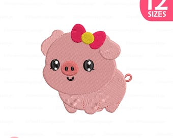 Süßes Schwein Mädchen Stickdatei, Bauernhof Tier Stickdatei, Maschinendatei (12 Größen)