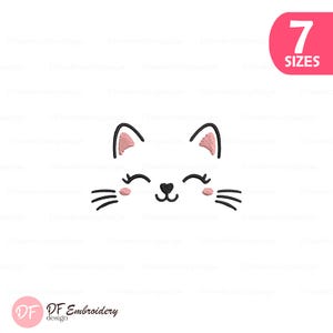 May include: A white background features a cat face embroidery design. The cat face has black whiskers, a black nose, and pink cheeks and ears. The text "7 SIZES" is in a pink oval in the upper right corner. The logo "DF Embroidery design" is in the lower left corner.