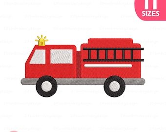May include: A red fire truck design with black wheels, a black ladder, and a yellow light on top. The image includes the text "11 SIZES" in a pink oval and the "DF Embroidery design" logo.