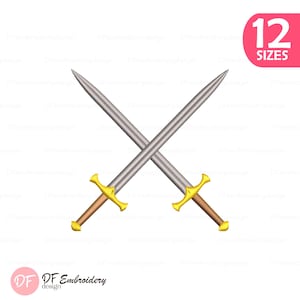 May include: An embroidery design featuring two crossed silver swords with gold crossguards and brown handles. A pink rectangular badge in the top right corner displays the white text 12 SIZES. The logo DF Embroidery design is at the bottom.