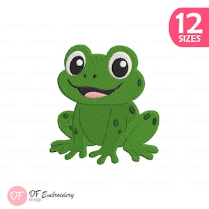 May include: A green frog embroidery design with large eyes and a smiling mouth. The design includes 12 sizes and is suitable for various projects. The DF Embroidery design logo is in the bottom left corner.