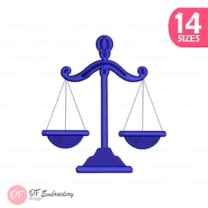 May include: A blue scale of justice design. The scales are balanced, with a central pillar and curved top. The image includes the text "14 SIZES" in a pink circle and the logo "DF Embroidery design".