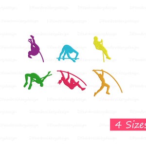 May include: Six different colored silhouettes of pole vaulters in various positions. The silhouettes are in pink, purple, green, blue, yellow, and orange. The text "4 Sizes" is in a pink rectangle at the bottom of the image.