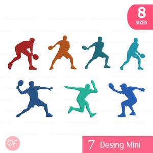 Könnte beinhalten: Eine Sammlung farbenfroher Tischtennisspieler-Silhouetten in verschiedenen Actionposen. Das Bild enthält den Text "8 SIZES" und "7 Desing Mini". Die Silhouetten sind in Rot, Orange, Türkis, Blau und Grün.