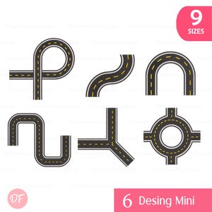 Op de afbeelding: Illustraties van wegsegmenten in verschillende vormen, waaronder bochten, kruispunten en een rotonde. De wegen zijn zwart met gele middenlijnen en witte randlijnen. Een roze rechthoek in de rechterbovenhoek toont het nummer "9" en het woord "SIZES".