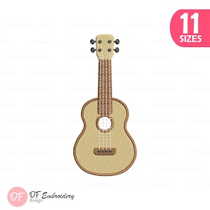 May include: An embroidery design of a light brown acoustic guitar with a dark brown outline, a circular sound hole, and four white strings. The design features a headstock with four tuning pegs and includes a pink corner badge with the text 11 SIZES.