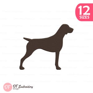 Puede incluir: Silueta marrón de un perro de pie, con un efecto texturizado. La imagen incluye el texto "12 SIZES" en un círculo rosa y el logotipo "DF Embroidery design".