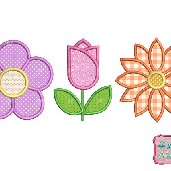 cute Flowers embroidery designs, Flowers applique Machine Embroidery Design, 4 Size, 3 Design