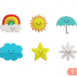 May include: Six embroidered patches with happy faces: a rainbow with a cloud, a yellow sun, a blue umbrella, a blue cloud, a yellow star, and a white snowflake.  The patches are perfect for adding a whimsical touch to clothing, bags, or other crafts.