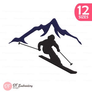 Puede incluir: Silueta negra de un esquiador esquiando cuesta abajo, con una montaña azul oscuro en el fondo. La imagen incluye el texto "12 SIZES" en un círculo rosa y el logotipo "DF Embroidery design".