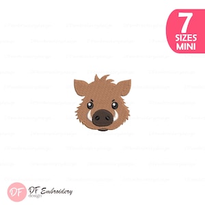 May include: An embroidery design featuring a brown boar head with dark eyes, a black nose, and white tusks. The design includes a pink corner graphic with the white text 7 SIZES MINI and a bottom logo with the text DF Embroidery design.