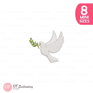 Puede incluir: Paloma blanca bordada que lleva una rama de olivo verde. El diseño incluye el texto "8 Mini Sizes" en un rectángulo rosa redondeado. El logotipo "DF Embroidery design" está en la parte inferior.