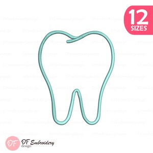 Puede incluir: Un contorno azul claro de un diente, un diseño de temática dental. La imagen incluye el texto "12 SIZES" en un círculo rosa. La esquina inferior izquierda tiene el texto "DF Embroidery design".