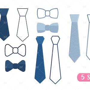 Könnte beinhalten: Ein Set mit fünf verschiedenen Krawatten- und Fliegen-Designs in Blau und Weiß. Die Designs umfassen eine einfarbige blaue Krawatte, eine einfarbige weiße Krawatte, eine blaue Krawatte mit weißem Umriss, eine blaue Fliege und eine weiße Fliege mit blauem Umriss. Der Text "5 Sizes" ist in Pink am unteren Rand des Bildes.