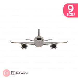 May include: A machine embroidery design featuring a front-facing view of a silver airplane with black cockpit windows and black engine interiors. The design is presented as a digital file, with a pink graphic in the corner stating 9 SIZES.